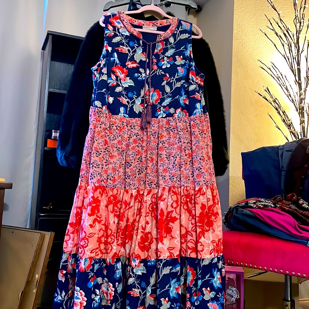 Woman Within Navy Blue and Coral Floral Maxi Dress